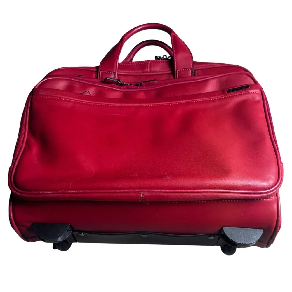 Dilana Red Leather Rolling Briefcase Laptop Bag Telescoping Handle Carry On